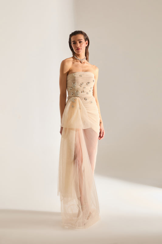 Olivia Stone Embellished Ecru Tulle Dress