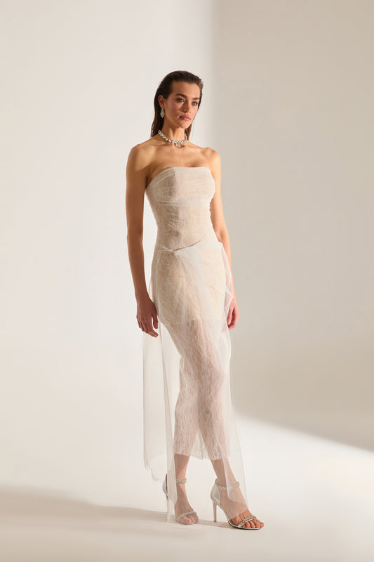 Venus Draped Tulle Lace White Dress