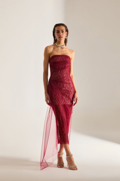 Venus Draped Tulle Lace Dark Red Dress