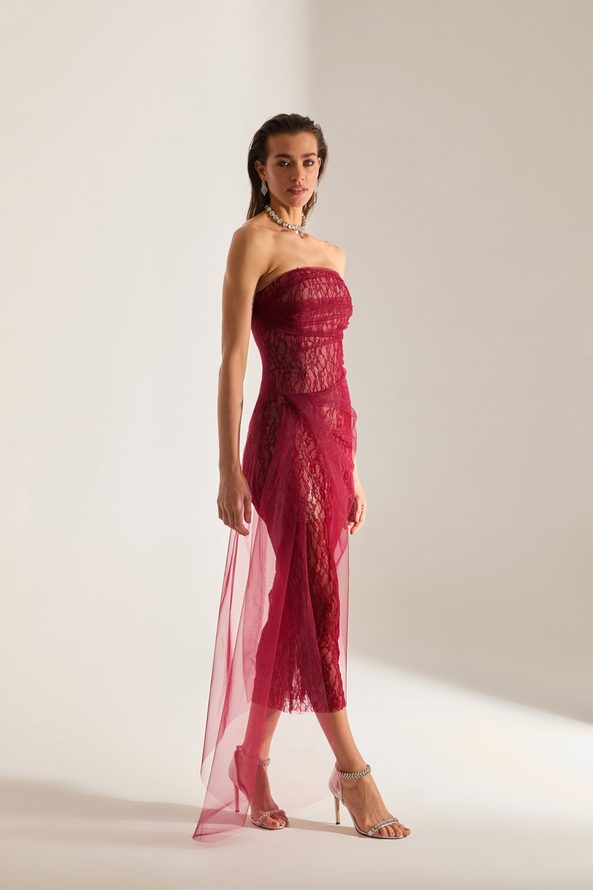 Venus Draped Tulle Lace Dark Red Dress