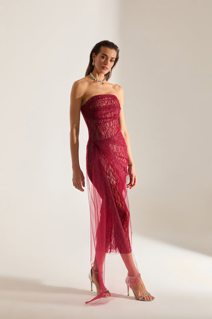 Venus Draped Tulle Lace Dark Red Dress