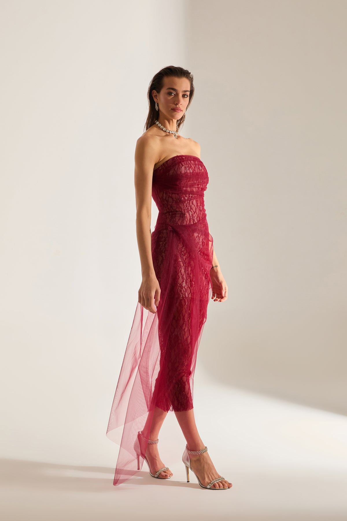 Venus Draped Tulle Lace Dark Red Dress