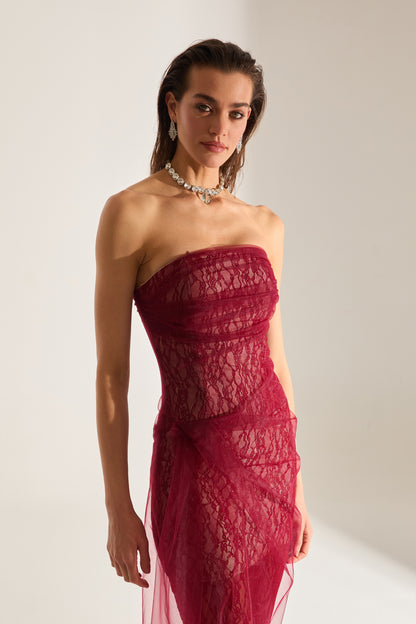 Venus Draped Tulle Lace Dark Red Dress