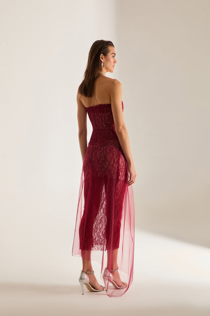 Venus Draped Tulle Lace Dark Red Dress