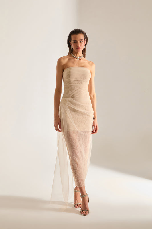 Venus Draped Tulle Lace Ecru Dress