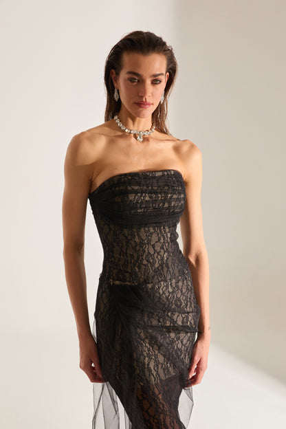 Venus Draped Tulle Lace Black Dress