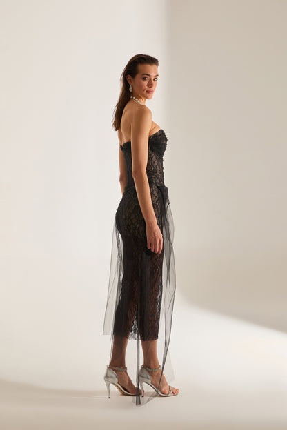 Venus Draped Tulle Lace Black Dress