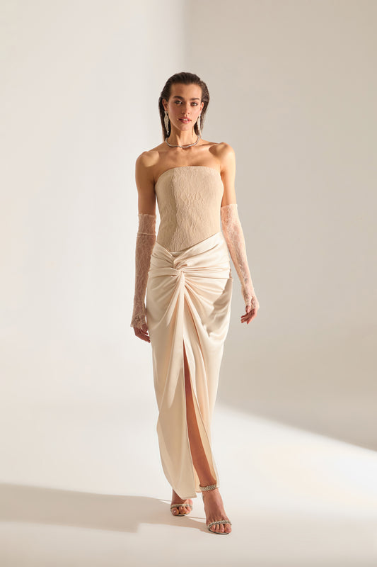 Melissa Dantel Satin Strapless Cream Evening Dress