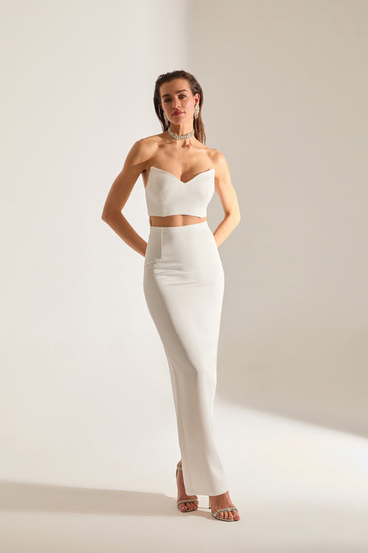 Mabel Cut Out Deep Neckline Pencil Satin White Evening Dress