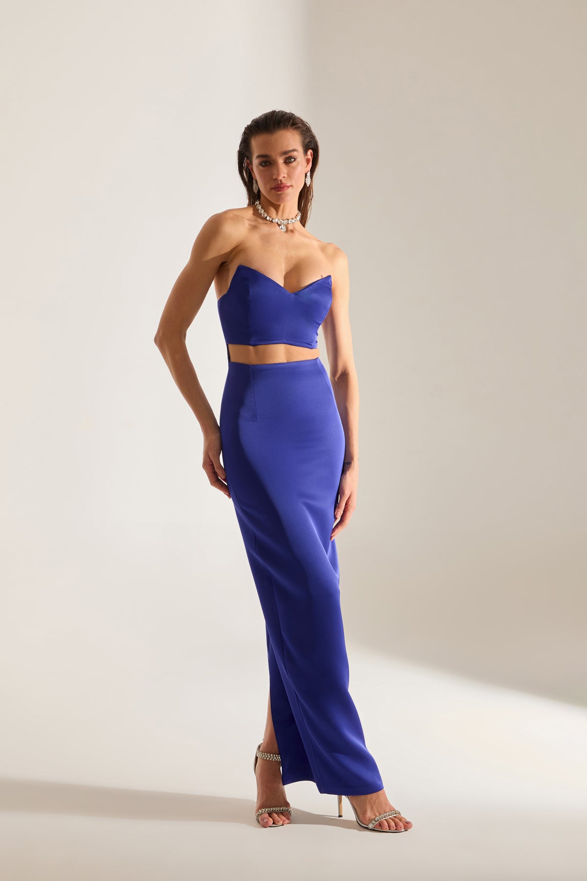 Mabel Cut Out Deep Neckline Pencil Satin SAKS Evening Dress