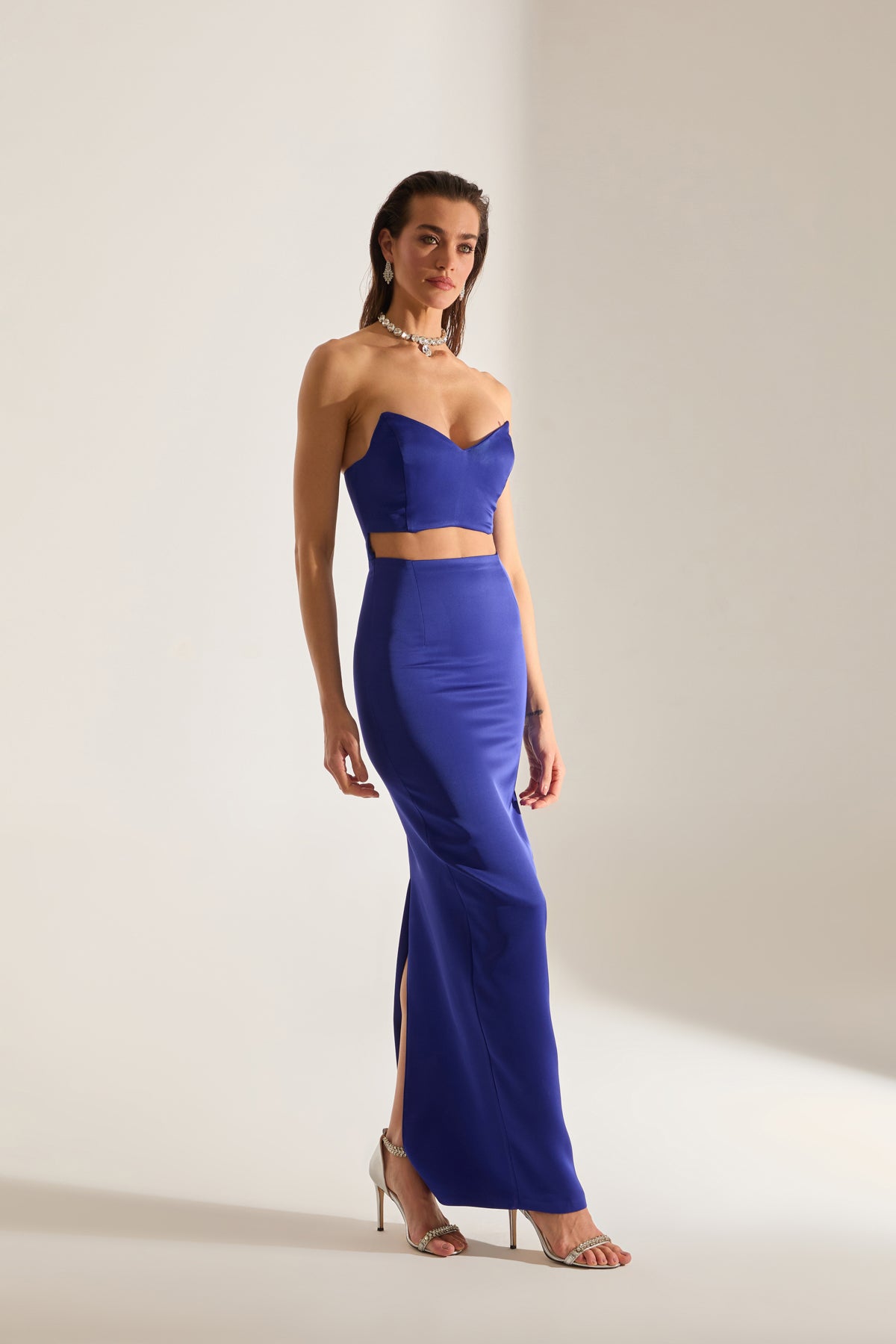 Mabel Cut Out Deep Neckline Pencil Satin SAKS Evening Dress