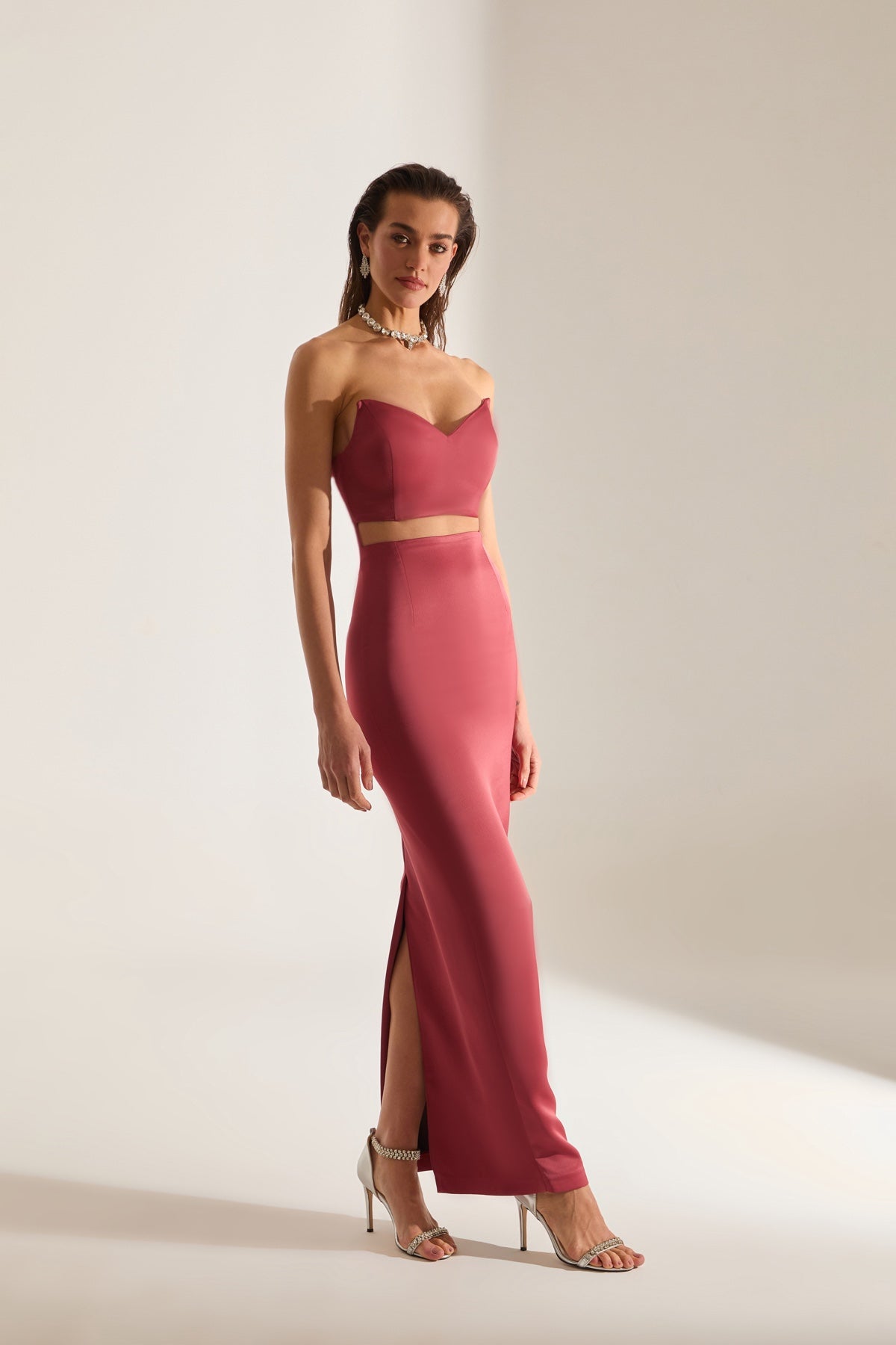 Mabel Cut Out Deep Neckline Pencil Satin VENICE RED Evening Dress