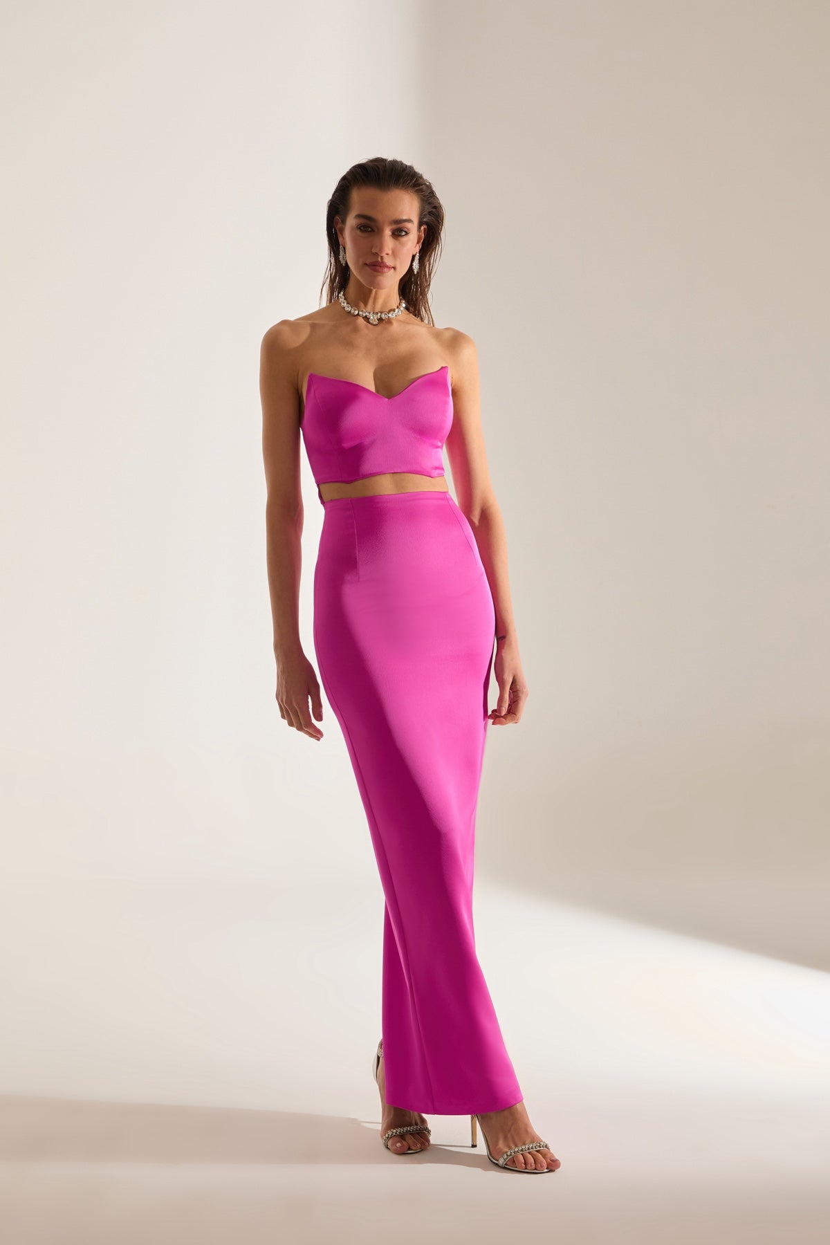 Mabel Cut Out Deep Neckline Pencil Satin Neon Pink Evening Dress