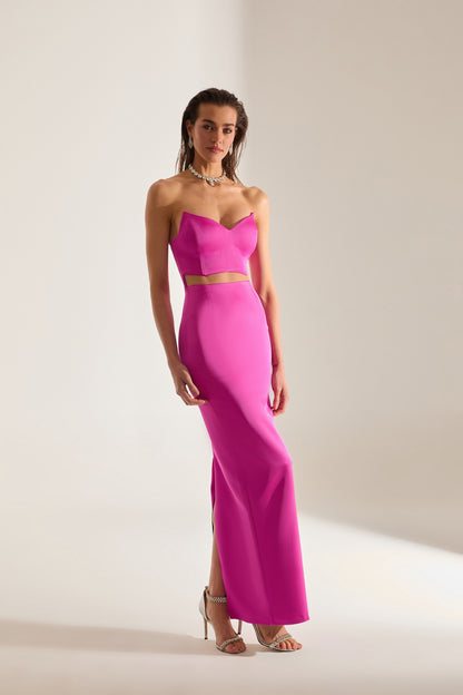 Mabel Cut Out Deep Neckline Pencil Satin Neon Pink Evening Dress