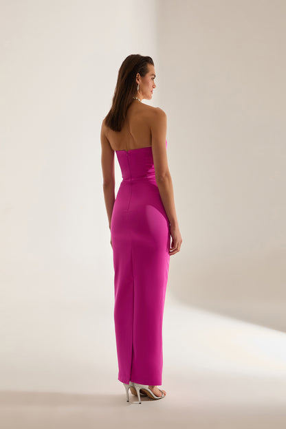 Mabel Cut Out Deep Neckline Pencil Satin Neon Pink Evening Dress