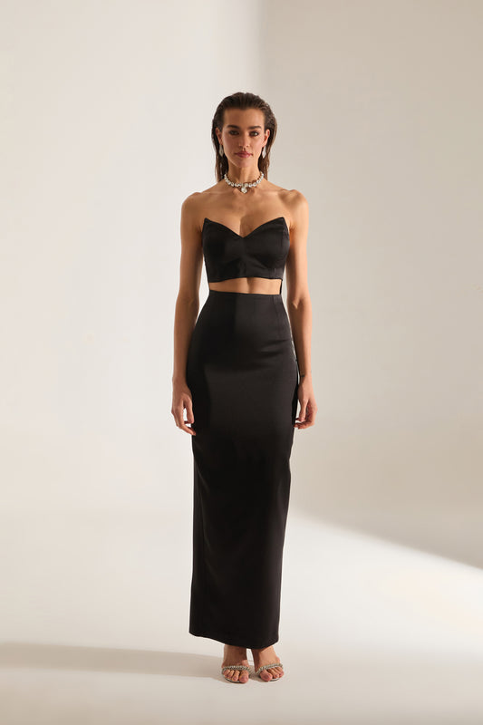 Mabel Cut Out Deep Neckline Pencil Satin Black Evening Dress