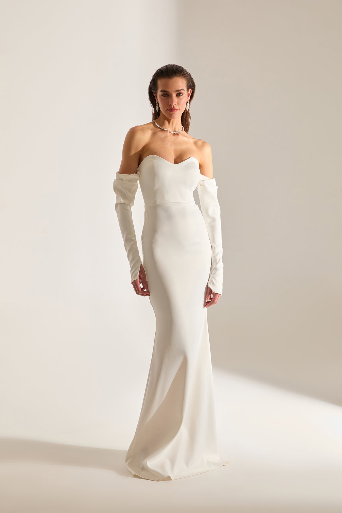 Rineta Satin Fish Tail Strapless Evening White Dress