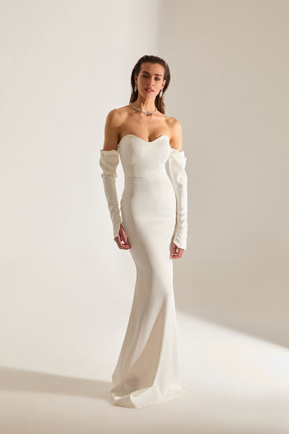 Rineta Satin Fish Tail Strapless Evening White Dress