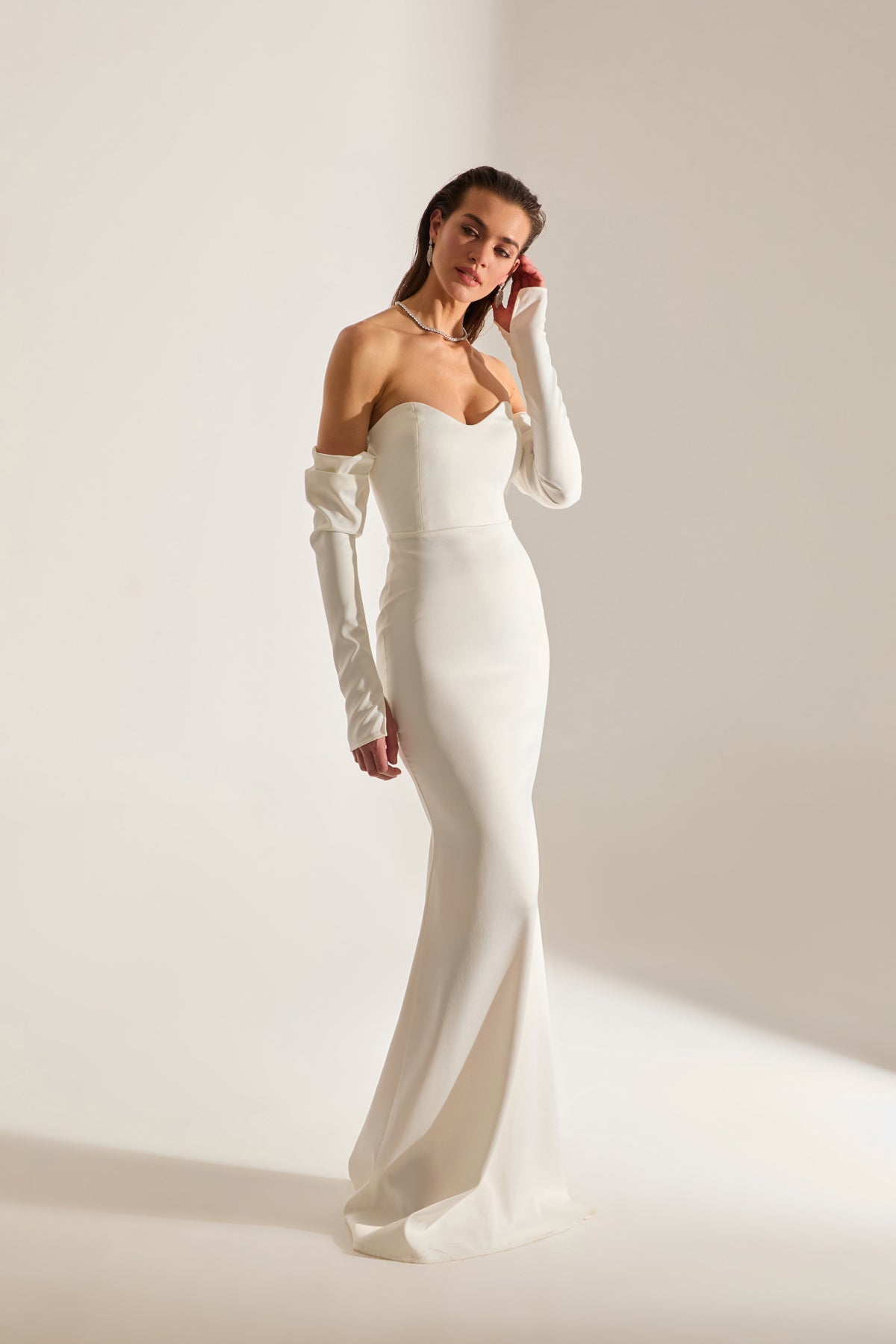 Rineta Satin Fish Tail Strapless Evening White Dress