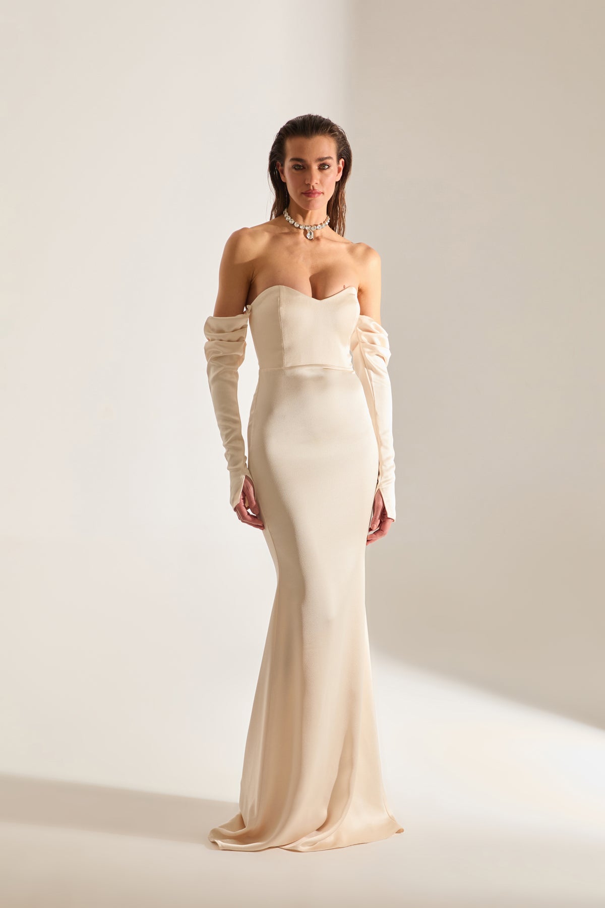 Rineta Satin Fish Tail Strapless Evening Dress Cream Dress