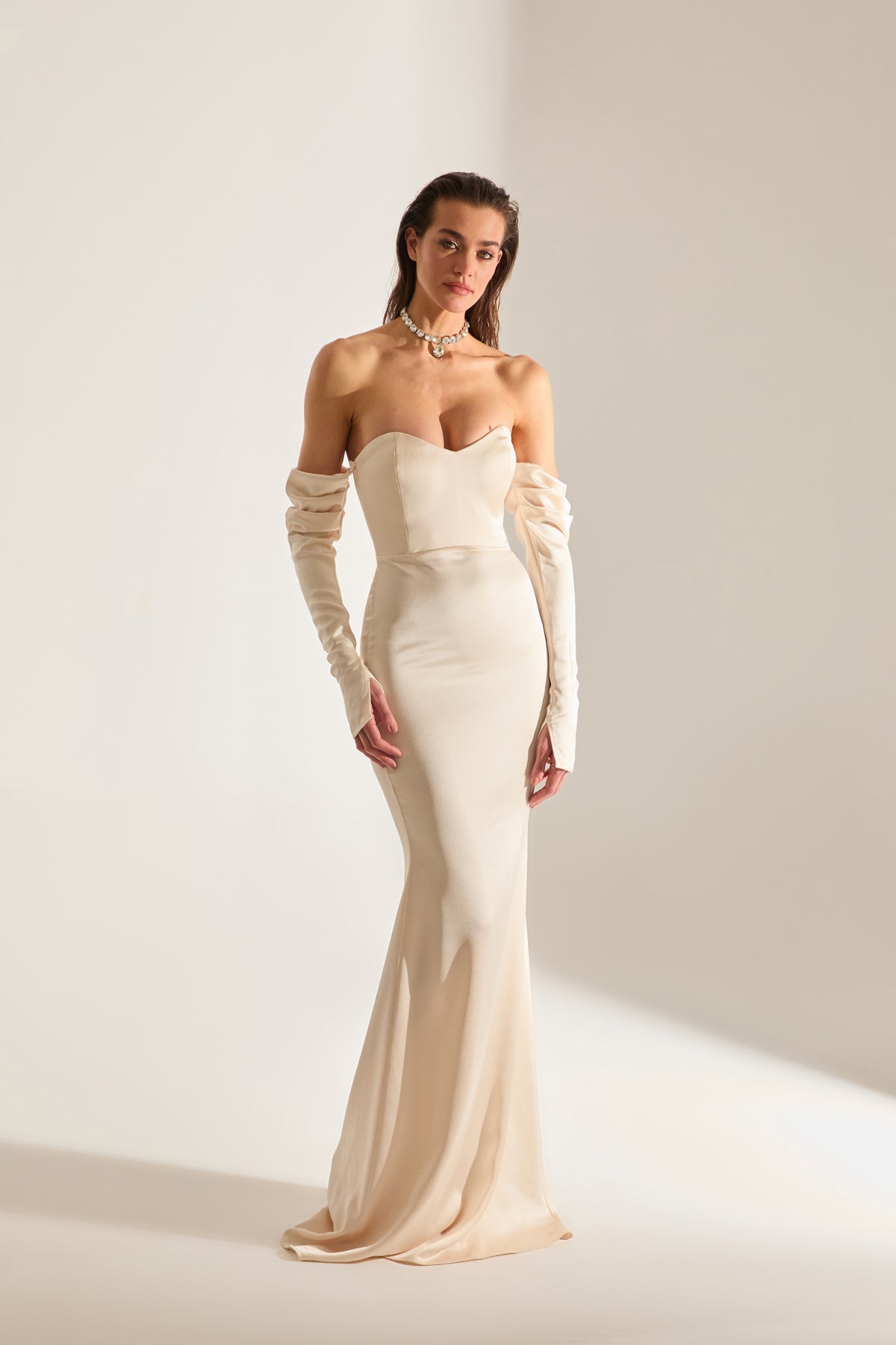 Rineta Satin Fish Tail Strapless Evening Dress Cream Dress