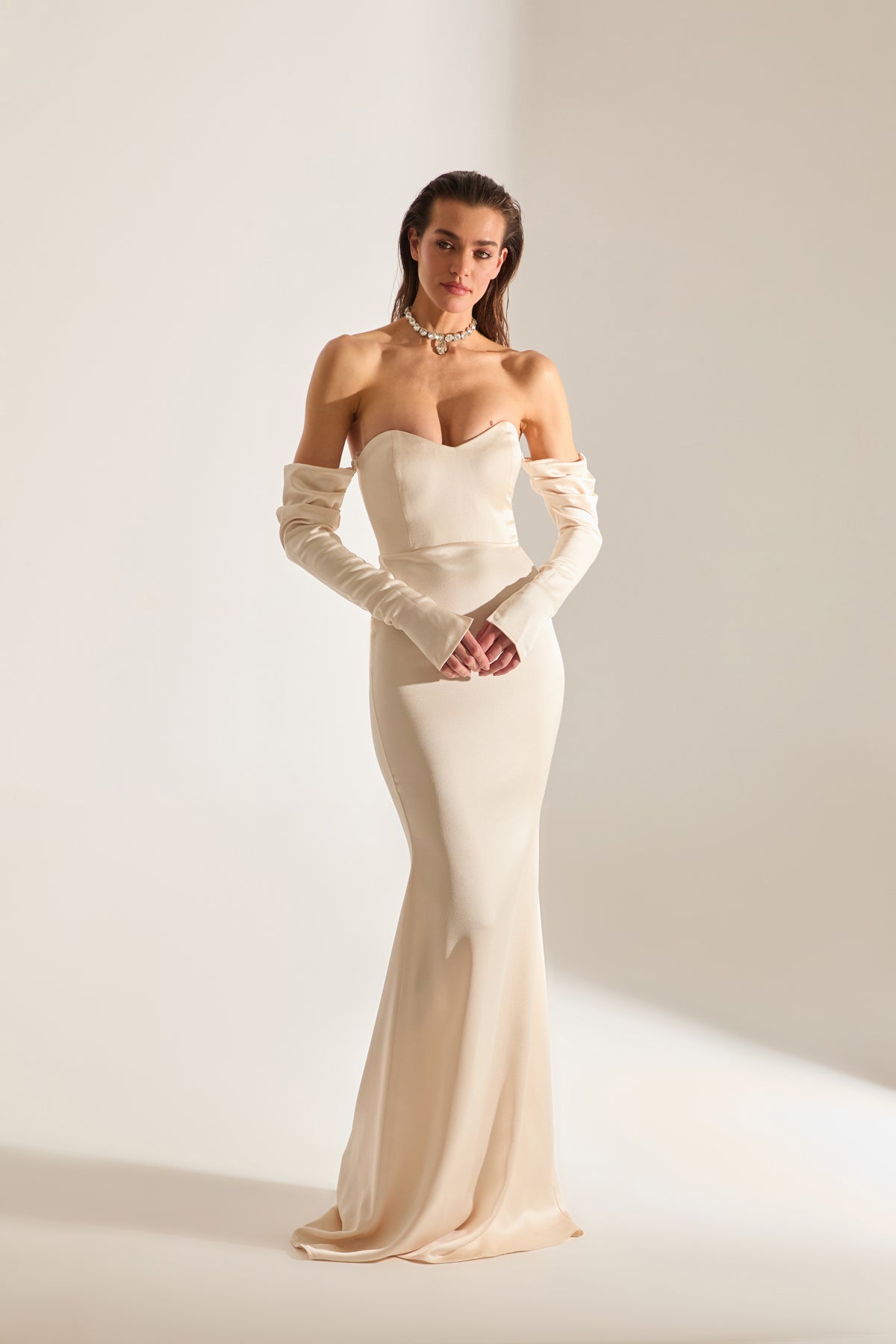 Rineta Satin Fish Tail Strapless Evening Dress Cream Dress