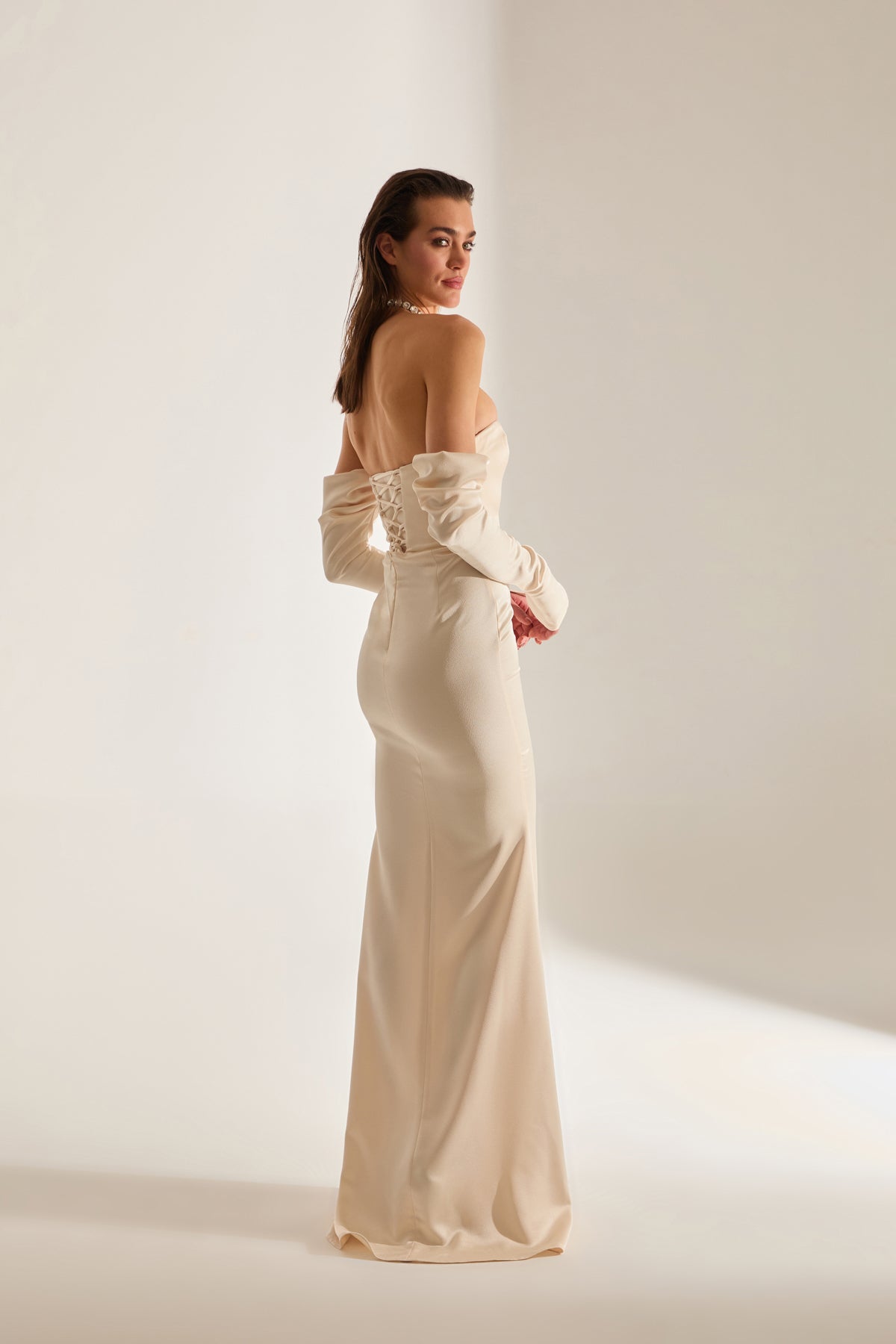 Rineta Satin Fish Tail Strapless Evening Dress Cream Dress