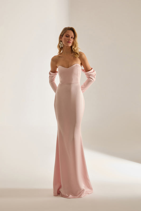 Robe de soirée sans bretelles en satin de poisson Rineta couleur poudre