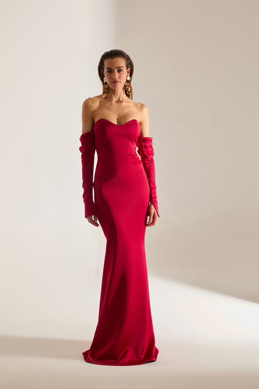 Robe de soirée rouge sans bretelles en satin à volants Rineta