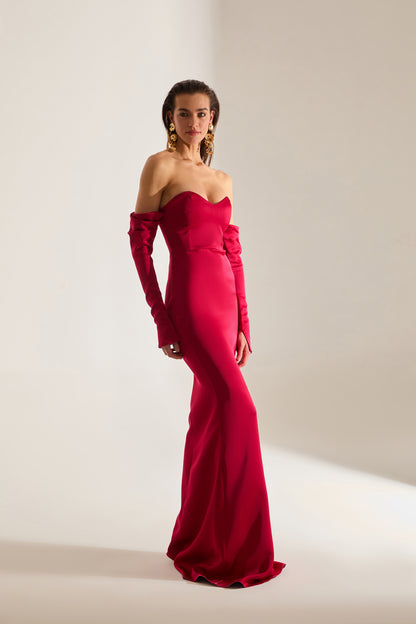 Rineta Satin Fish Tail Strapless Evening Red Dress