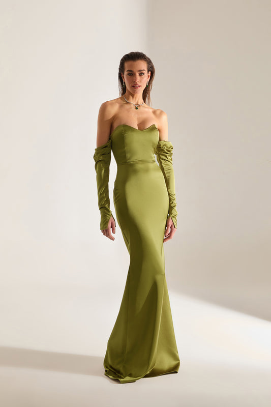 Rineta Satin Fish Tail Strapless Evening Dress Khaki