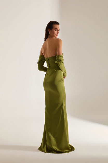 Rineta Satin Fish Tail Strapless Evening Dress Khaki