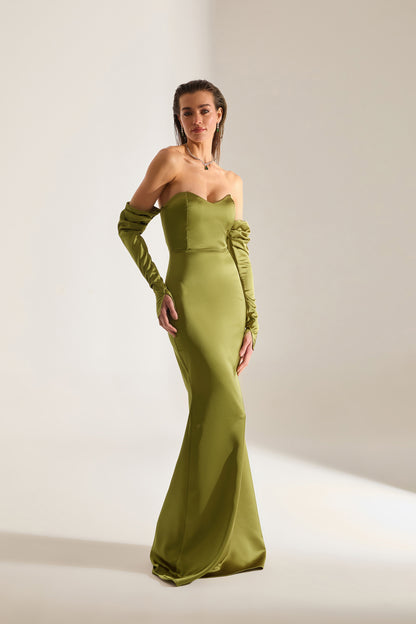 Rineta Satin Fish Tail Strapless Evening Dress Khaki