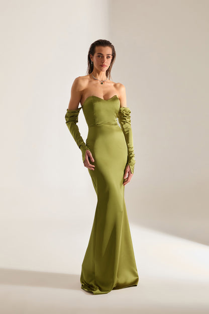 Rineta Satin Fish Tail Strapless Evening Dress Khaki