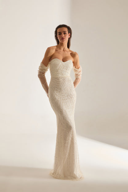 Lineta Beaded Strapless Fish White Evening Dress