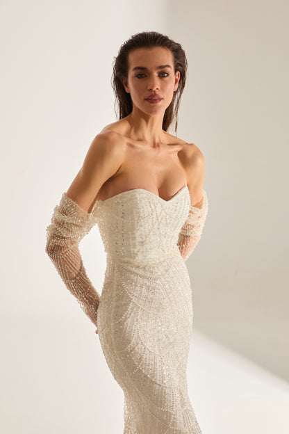 Lineta Beaded Strapless Fish White Evening Dress