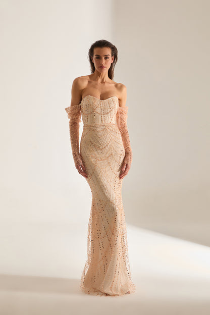 Lineta Beaded Strapless Fish Tail Gold Evening Dress