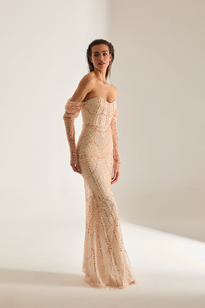 Robe de soirée dorée sans bretelles à broderies en perles Lineta