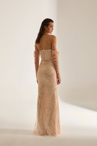 Robe de soirée dorée sans bretelles à broderies en perles Lineta