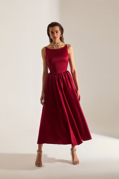 Heaven Pleated Skirt Strap Dark Red Engagement Dress