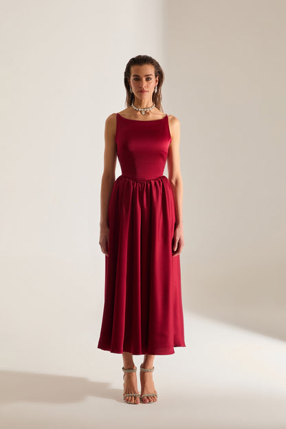 Heaven Pleated Skirt Strap Dark Red Engagement Dress