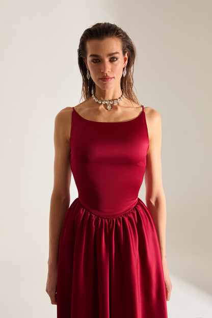 Heaven Pleated Skirt Strap Dark Red Engagement Dress