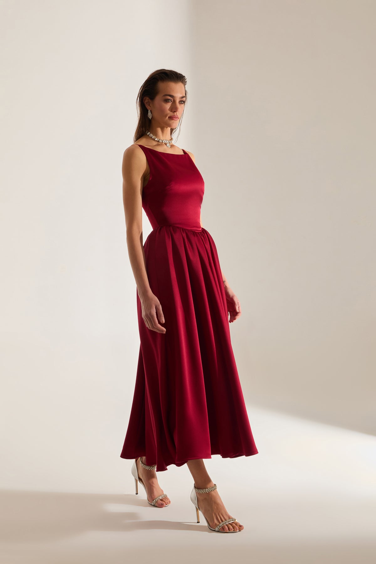 Heaven Pleated Skirt Strap Dark Red Engagement Dress