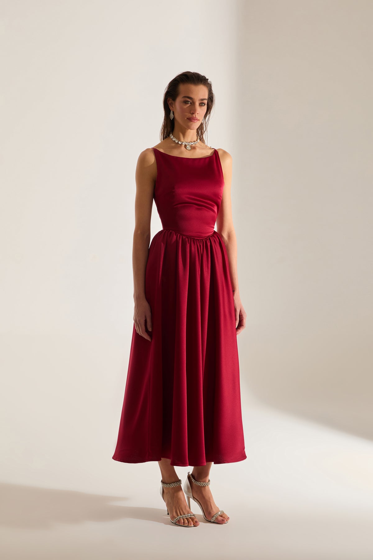 Heaven Pleated Skirt Strap Dark Red Engagement Dress