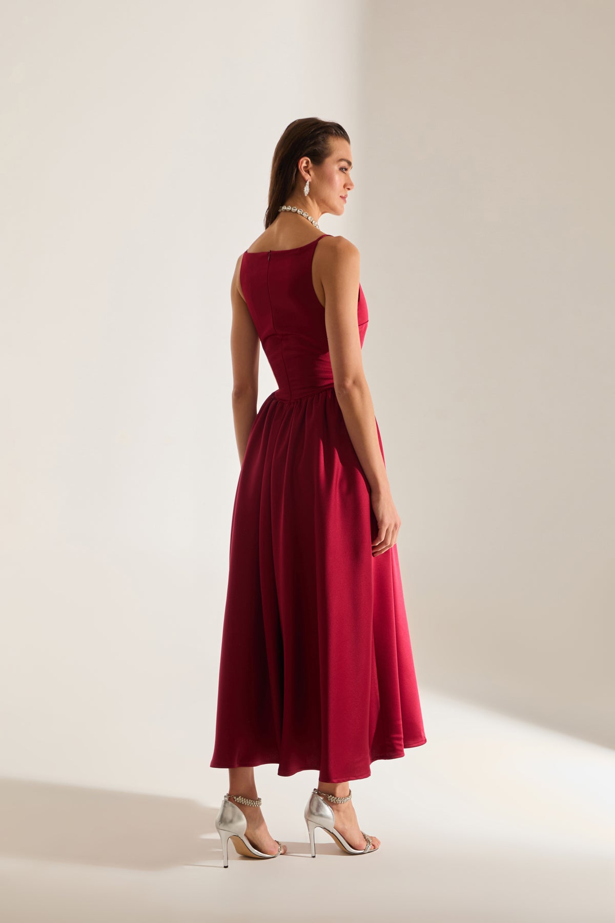 Heaven Pleated Skirt Strap Dark Red Engagement Dress