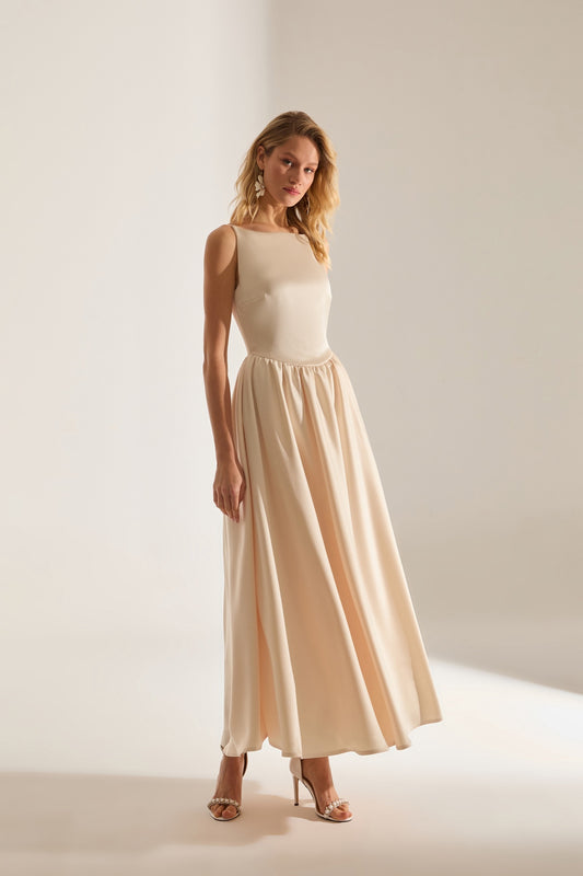 Heaven Pleated Skirt Strap Ecru Engagement Dress