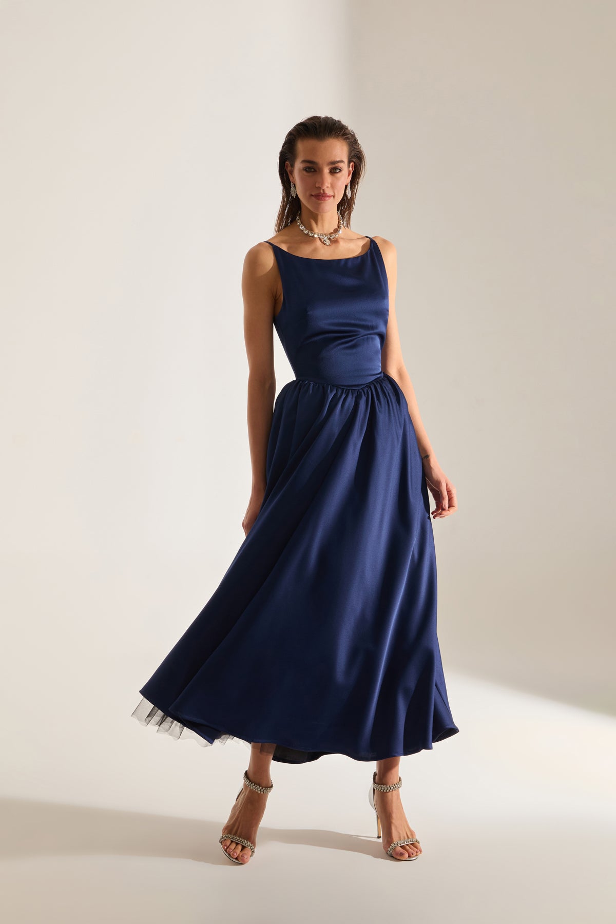 Heaven Pleated Skirt Strap Dark Blue Engagement Dress