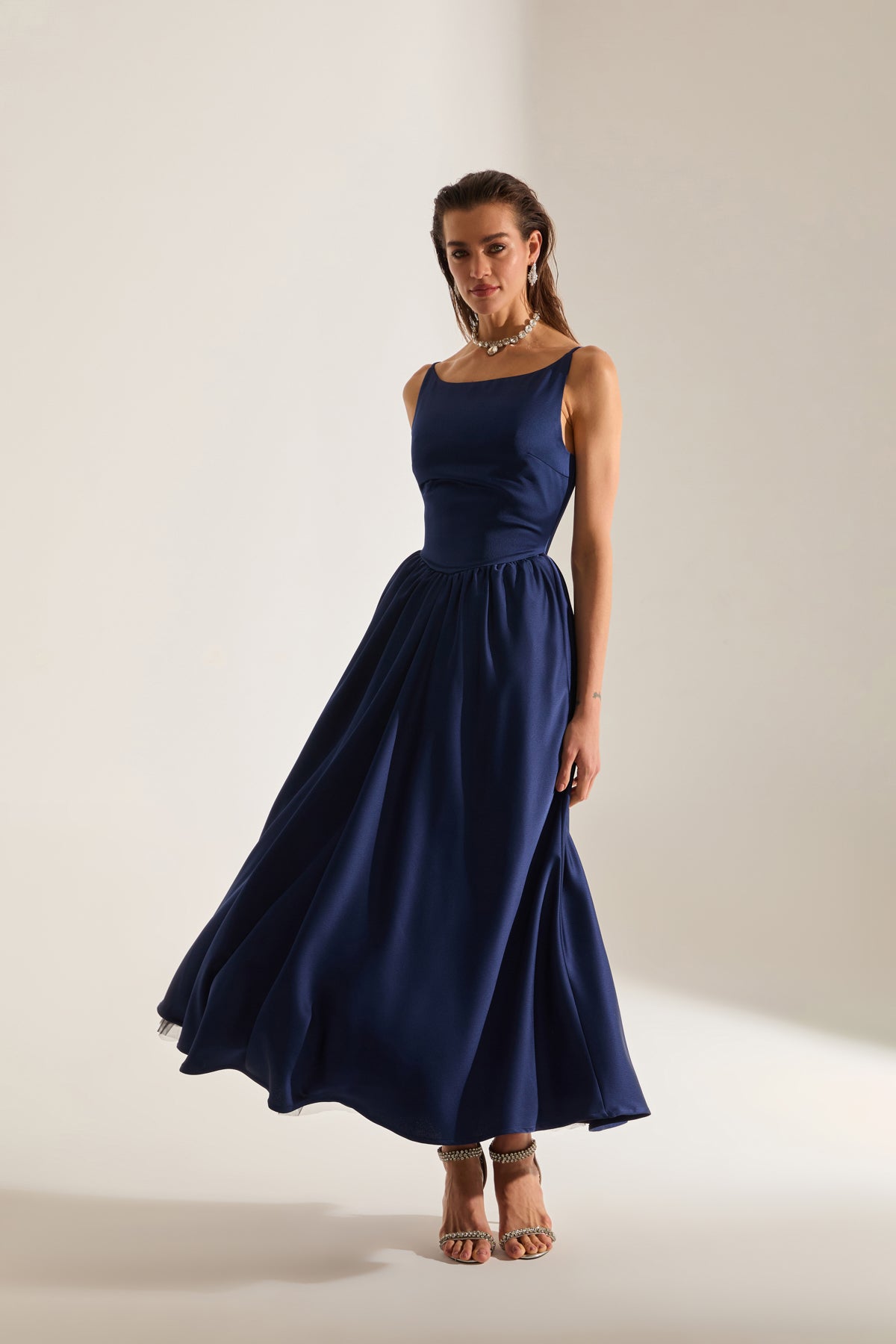 Heaven Pleated Skirt Strap Dark Blue Engagement Dress