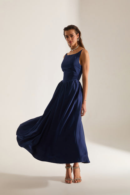 Heaven Pleated Skirt Strap Dark Blue Engagement Dress