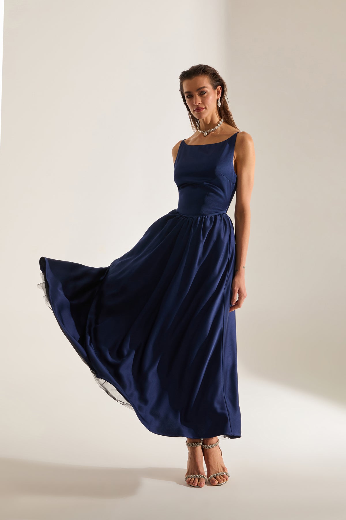 Heaven Pleated Skirt Strap Dark Blue Engagement Dress